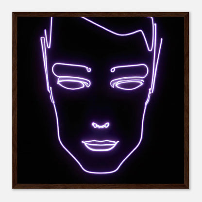 Gerahmtes Premium-Poster - Männliches Gesicht - Neon Stil, KI-Kunst, Neon, 50x50-cm-20x20-Dunkles-Holz - RolConArt