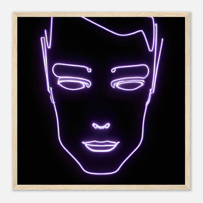 Gerahmtes Premium-Poster - Männliches Gesicht - Neon Stil, KI-Kunst, Neon, 50x50-cm-20x20-Holz - RolConArt