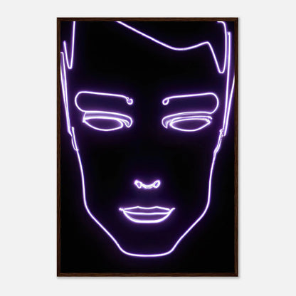 Gerahmtes Premium-Poster - Männliches Gesicht - Neon Stil, KI-Kunst, Neon, 70x100-cm-28x40-Dunkles-Holz - RolConArt