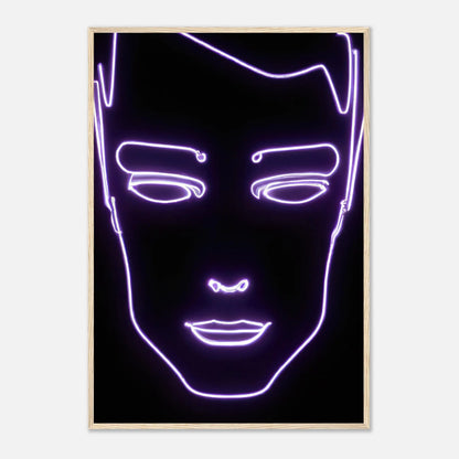 Gerahmtes Premium-Poster - Männliches Gesicht - Neon Stil, KI-Kunst, Neon, 70x100-cm-28x40-Holz - RolConArt