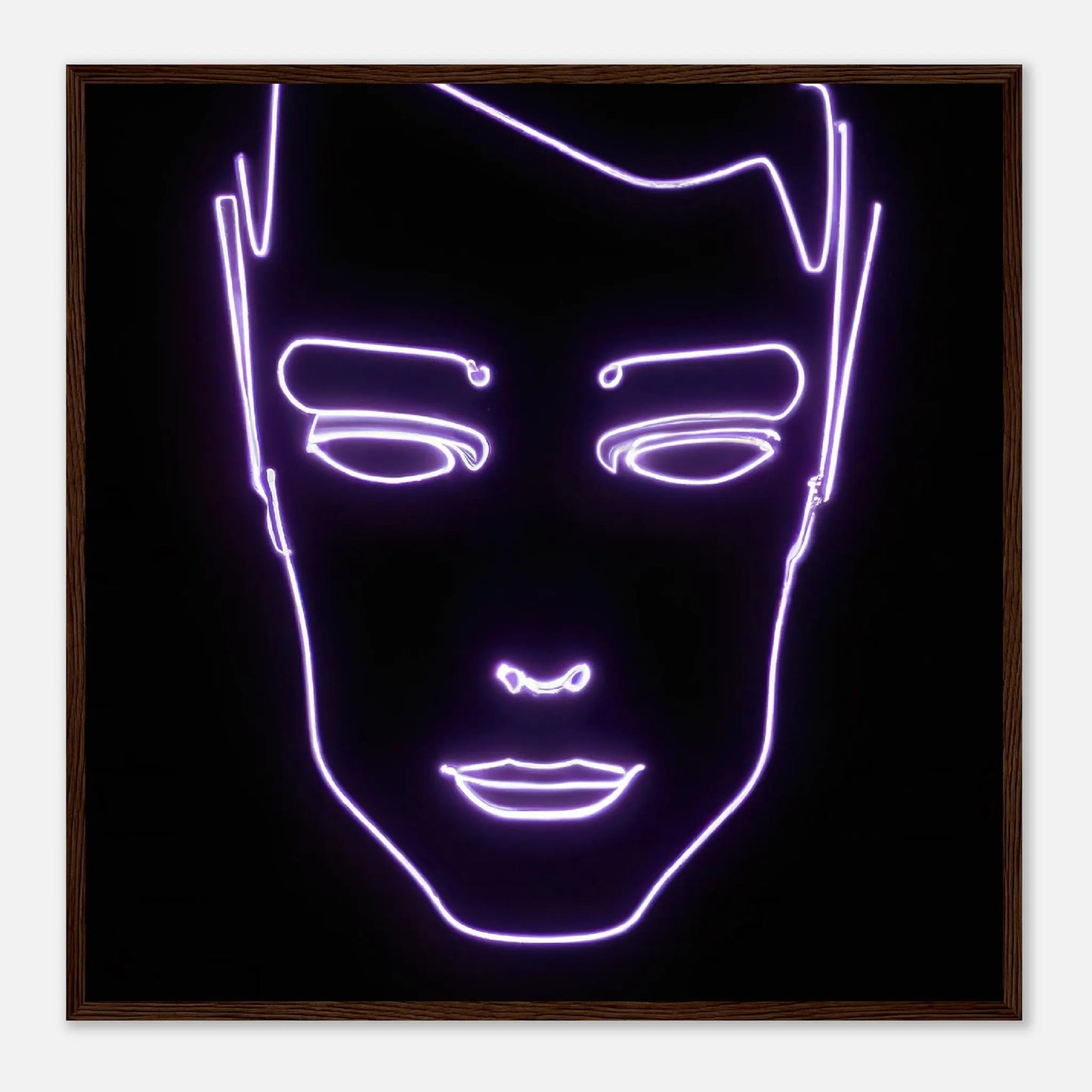 Gerahmtes Premium-Poster - Männliches Gesicht - Neon Stil, KI-Kunst, Neon, 70x70-cm-28x28-Dunkles-Holz - RolConArt