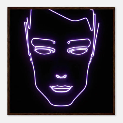 Gerahmtes Premium-Poster - Männliches Gesicht - Neon Stil, KI-Kunst, Neon, 70x70-cm-28x28-Dunkles-Holz - RolConArt