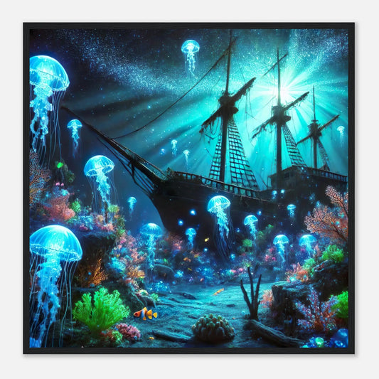 Gerahmtes Premium-Poster - Meerestiefen - Digitaler Stil, KI-Kunst, Unterwasserlandschaften, 70x70-cm-28x28-Schwarzer-Rahmen - RolConArt