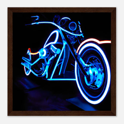 Gerahmtes Premium-Poster - Motorrad - Neon Stil, KI-Kunst, Neon, 30x30-cm-12x12-Dunkles-Holz - RolConArt