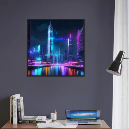 Gerahmtes Premium-Poster - Neon Skyline - 3D-Stil, KI-Kunst, Neon,  - RolConArt