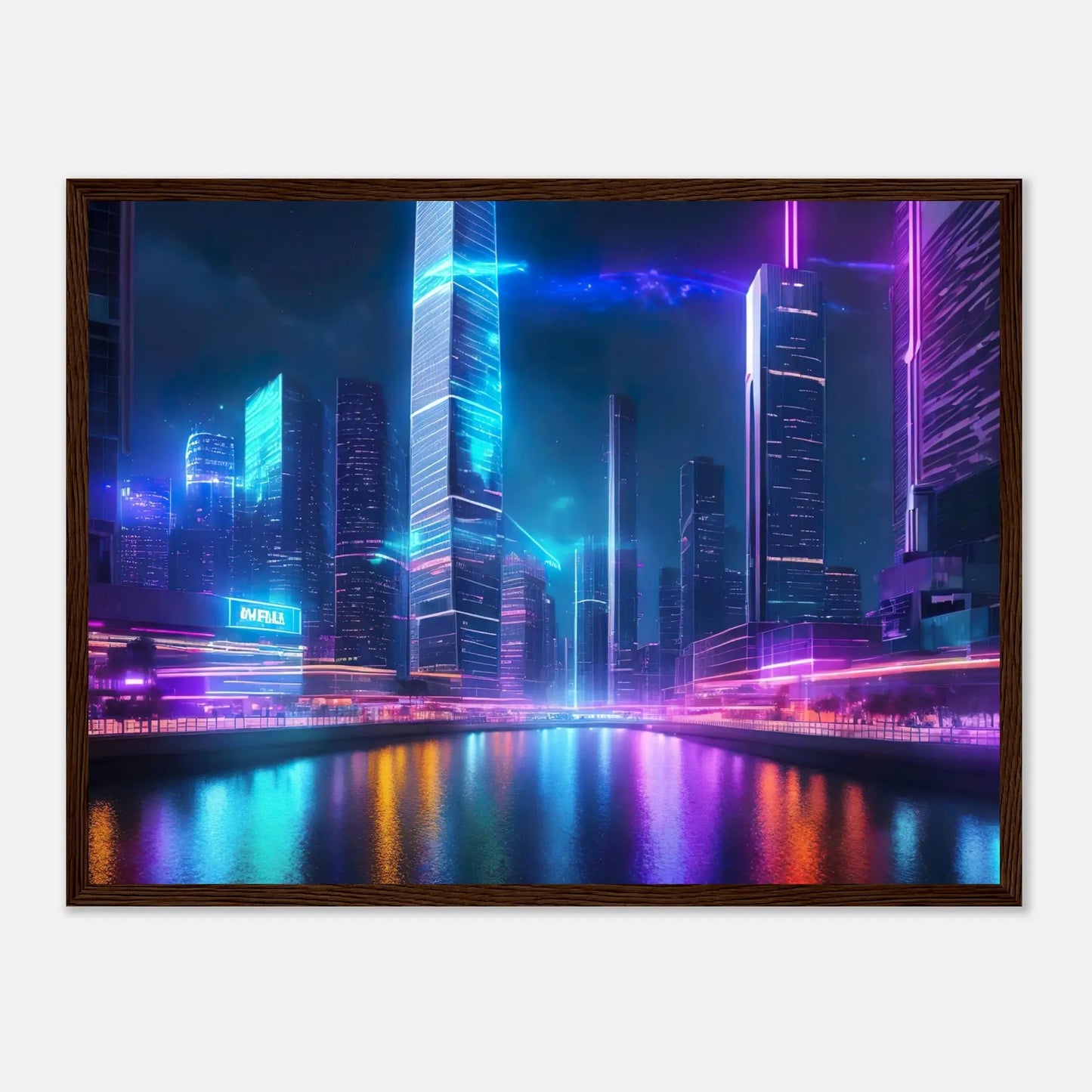 Gerahmtes Premium-Poster - Neon Skyline - 3D-Stil, KI-Kunst, Neon, 45x60-cm-18x24-Dunkler-Holzrahmen - RolConArt