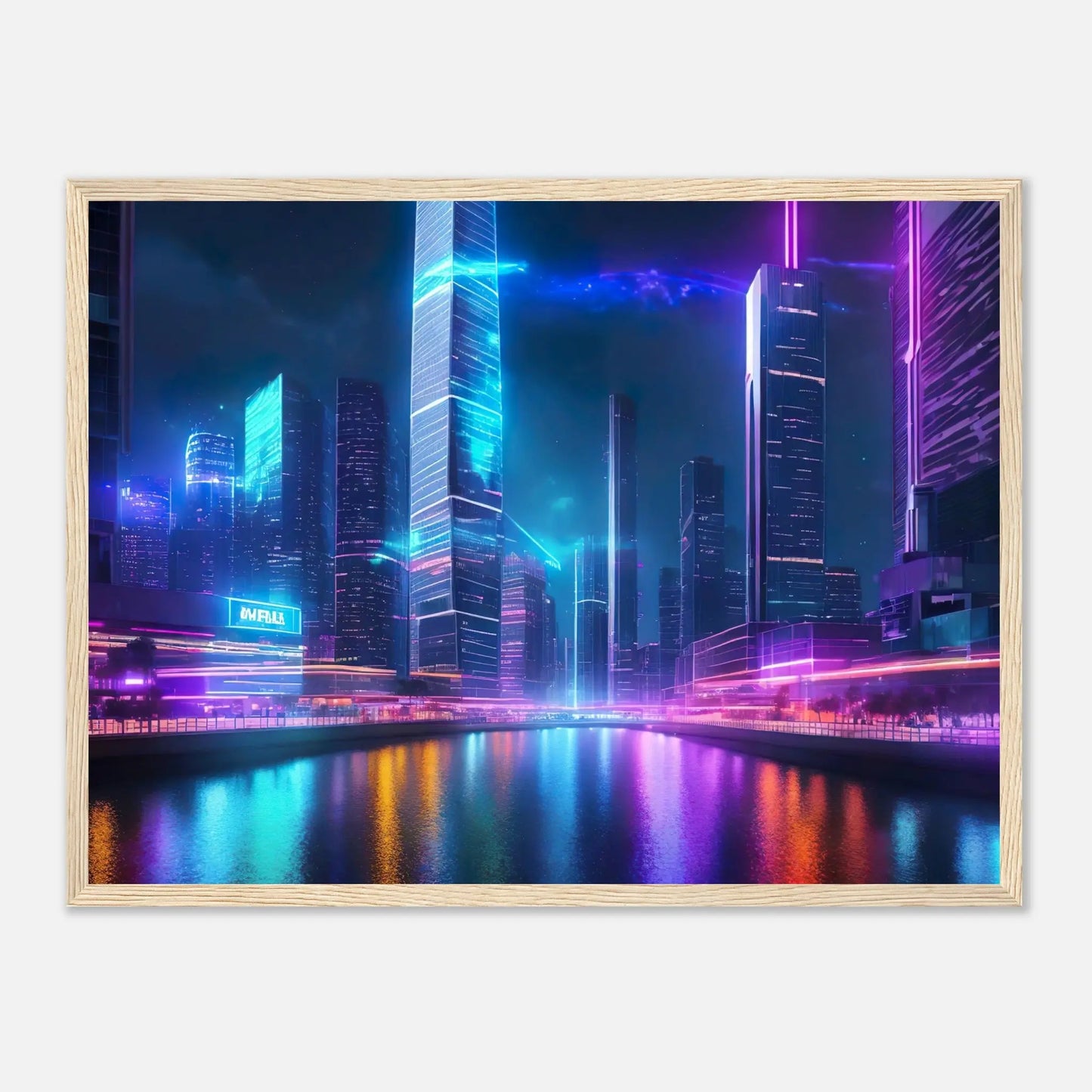 Gerahmtes Premium-Poster - Neon Skyline - 3D-Stil, KI-Kunst, Neon, 45x60-cm-18x24-Holzrahmen - RolConArt