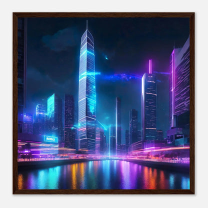 Gerahmtes Premium-Poster - Neon Skyline - 3D-Stil, KI-Kunst, Neon, 50x50-cm-20x20-Dunkler-Holzrahmen - RolConArt