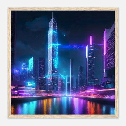 Gerahmtes Premium-Poster - Neon Skyline - 3D-Stil, KI-Kunst, Neon, 50x50-cm-20x20-Holzrahmen - RolConArt