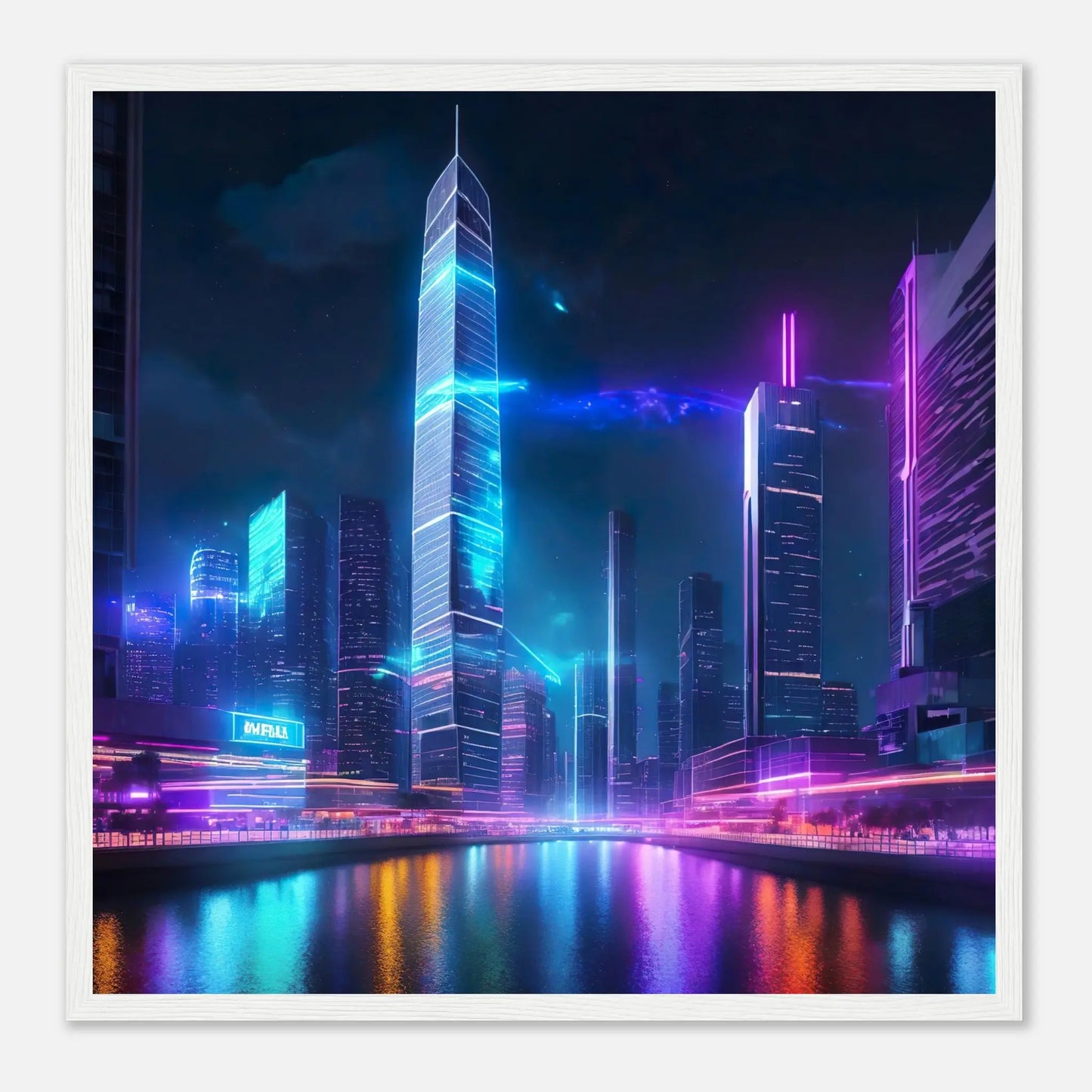 Gerahmtes Premium-Poster - Neon Skyline - 3D-Stil, KI-Kunst, Neon, 50x50-cm-20x20-Weißer-Rahmen - RolConArt