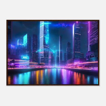 Gerahmtes Premium-Poster - Neon Skyline - 3D-Stil, KI-Kunst, Neon, 70x100-cm-28x40-Dunkler-Holzrahmen - RolConArt