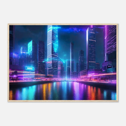 Gerahmtes Premium-Poster - Neon Skyline - 3D-Stil, KI-Kunst, Neon, 70x100-cm-28x40-Holzrahmen - RolConArt