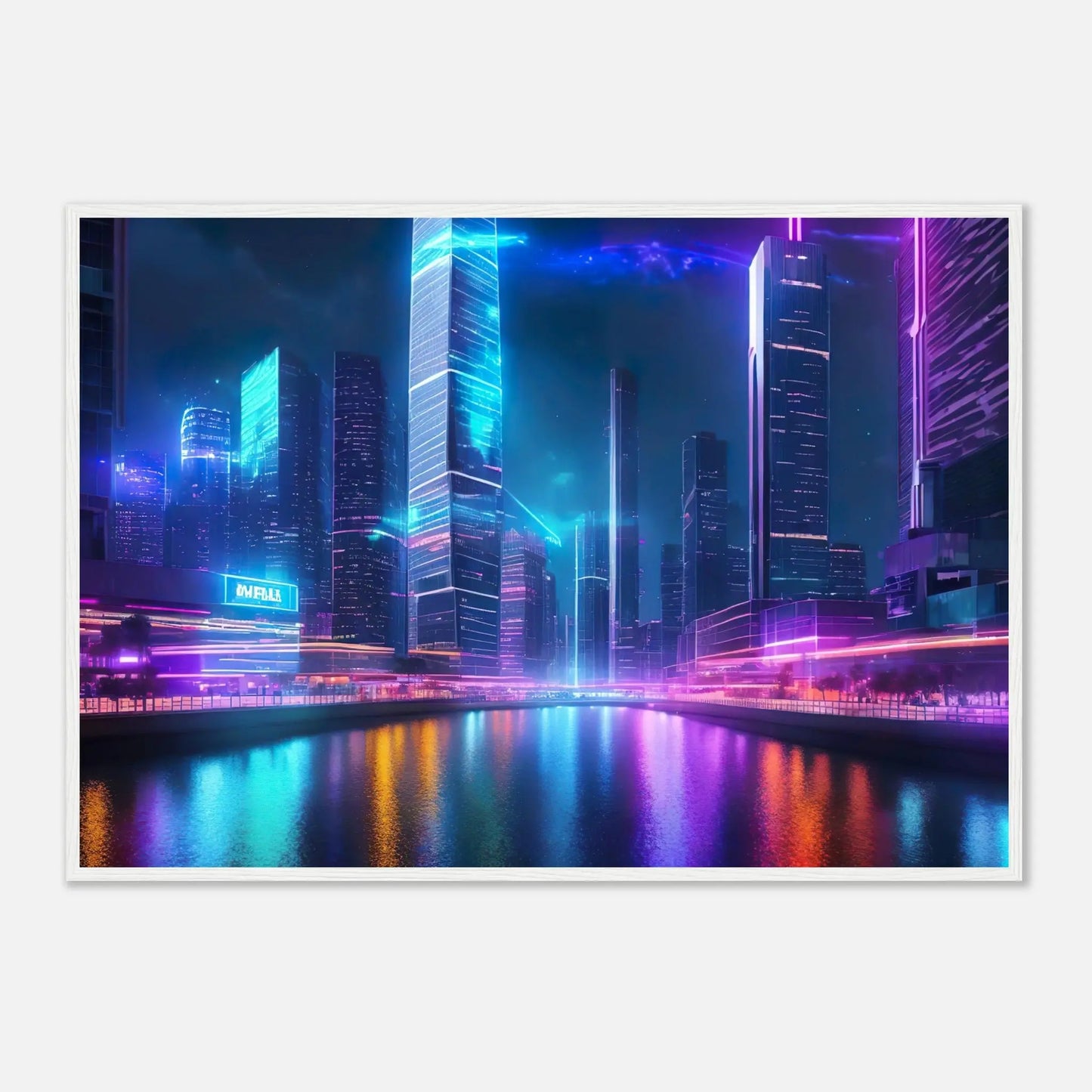 Gerahmtes Premium-Poster - Neon Skyline - 3D-Stil, KI-Kunst, Neon, 70x100-cm-28x40-Weißer-Rahmen - RolConArt