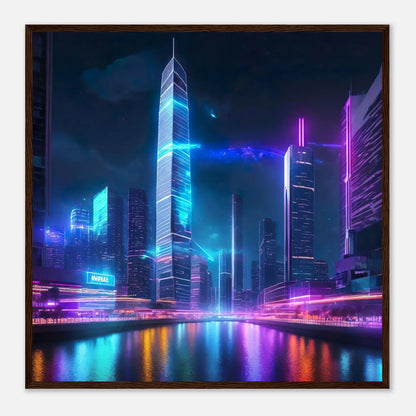 Gerahmtes Premium-Poster - Neon Skyline - 3D-Stil, KI-Kunst, Neon, 70x70-cm-28x28-Dunkler-Holzrahmen - RolConArt