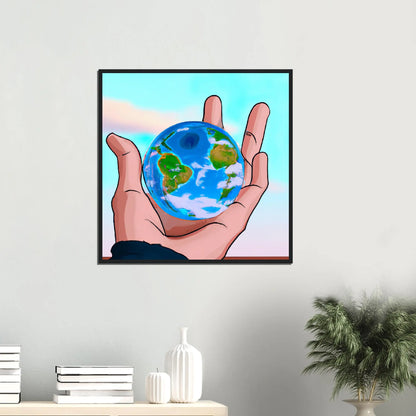 Gerahmtes Premium-Poster - Planet in der Hand - Anime Stil, KI-Kunst, Anime,  - RolConArt