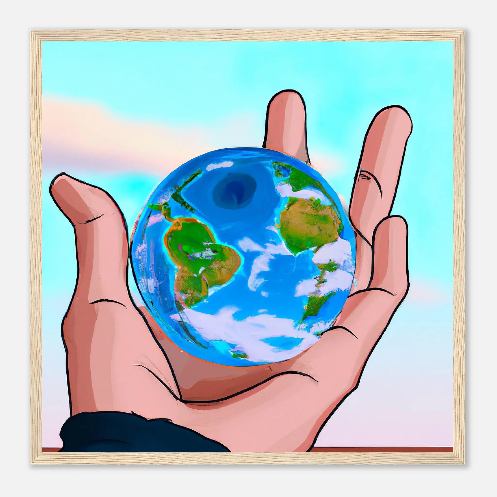 Gerahmtes Premium-Poster - Planet in der Hand - Anime Stil, KI-Kunst, Anime,  - RolConArt