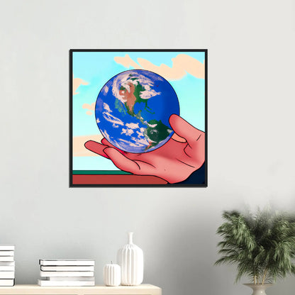 Gerahmtes Premium-Poster - Planet in der Hand - Anime Stil, KI-Kunst, Anime,  - RolConArt