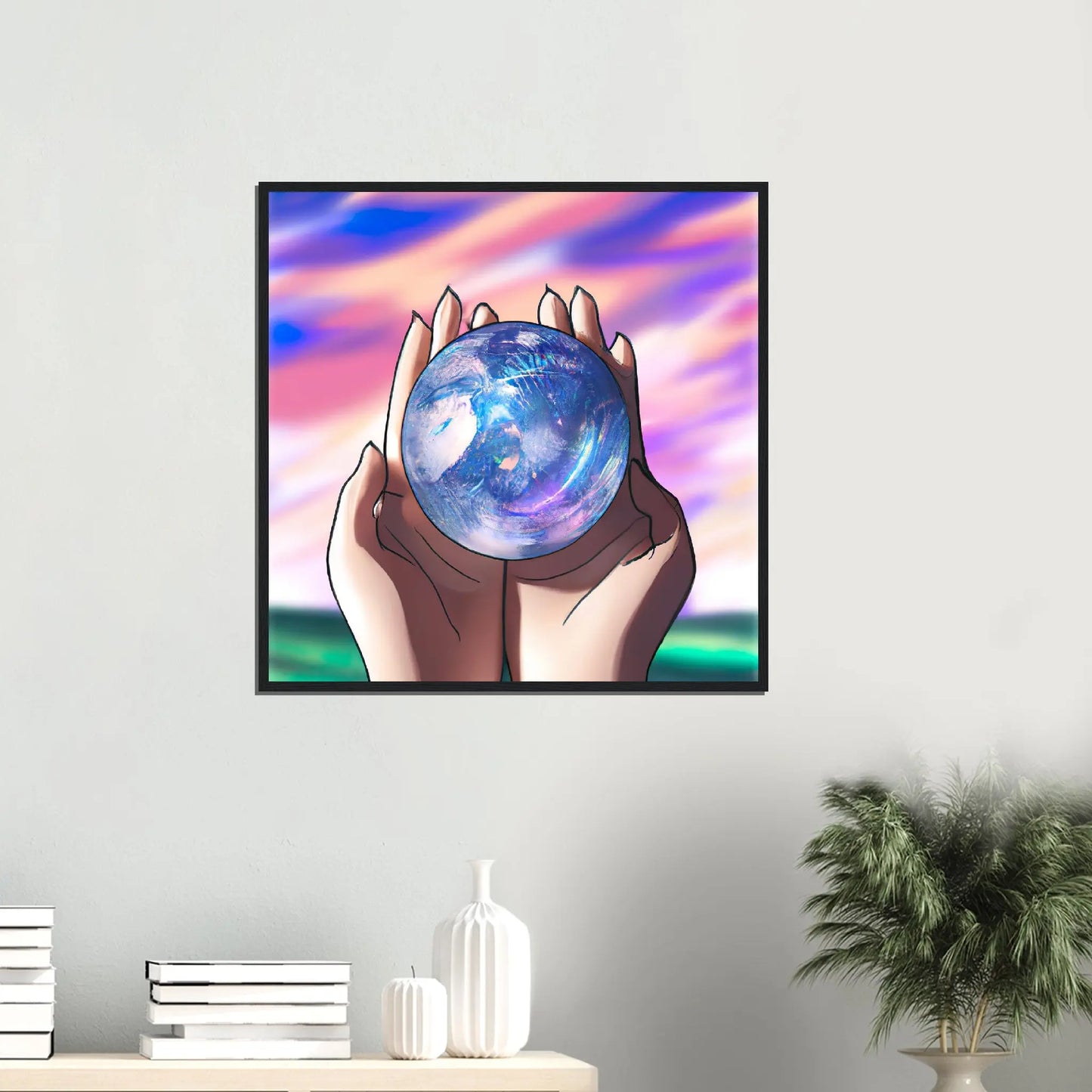 Gerahmtes Premium-Poster - Planet in der Hand - Anime Stil, KI-Kunst, Anime,  - RolConArt