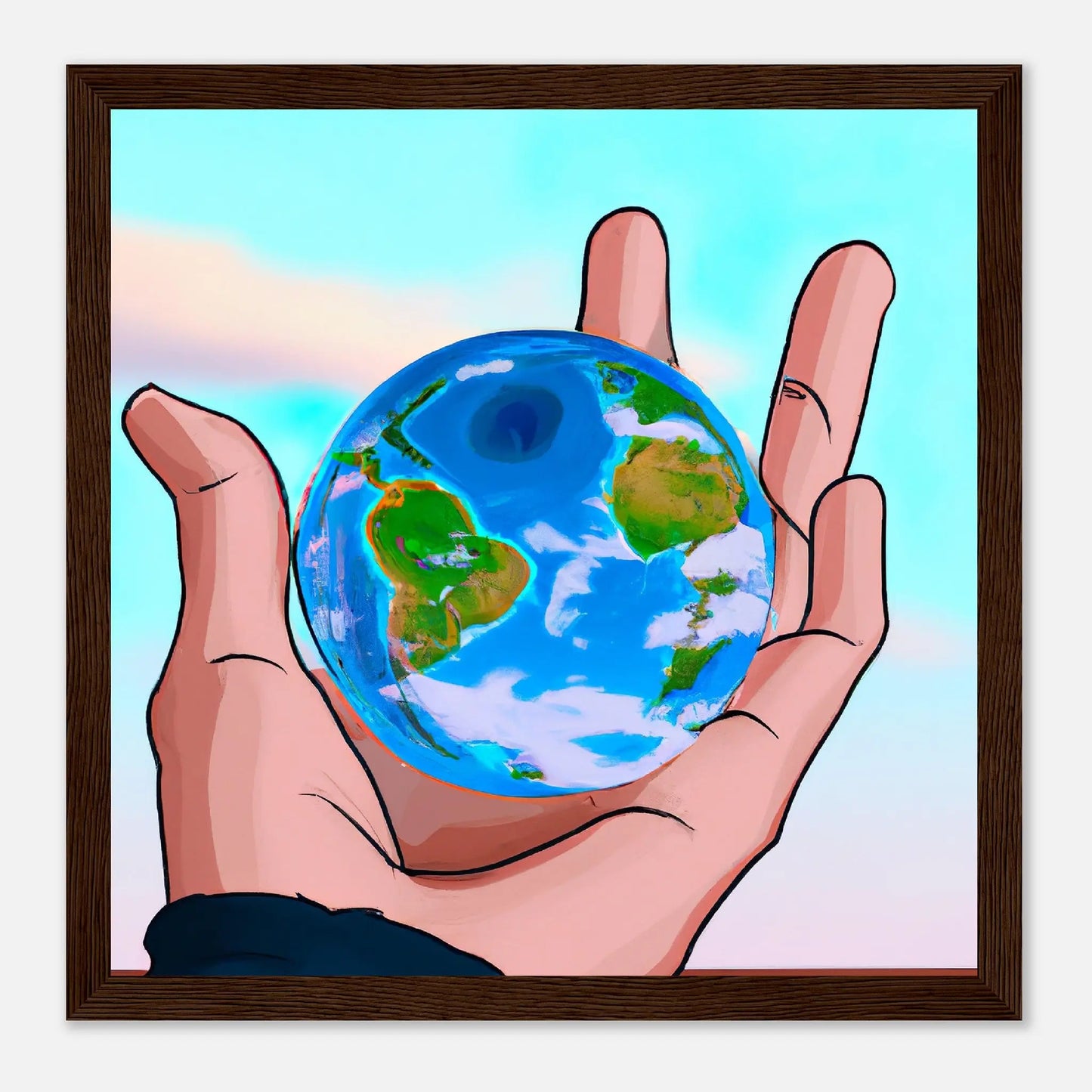 Gerahmtes Premium-Poster - Planet in der Hand - Anime Stil, KI-Kunst, Anime, 30x30-cm-12x12-Dunkles-Holz - RolConArt