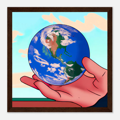 Gerahmtes Premium-Poster - Planet in der Hand - Anime Stil, KI-Kunst, Anime, 30x30-cm-12x12-Dunkles-Holz - RolConArt