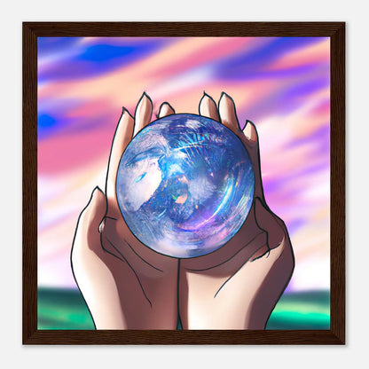 Gerahmtes Premium-Poster - Planet in der Hand - Anime Stil, KI-Kunst, Anime, 30x30-cm-12x12-Dunkles-Holz - RolConArt