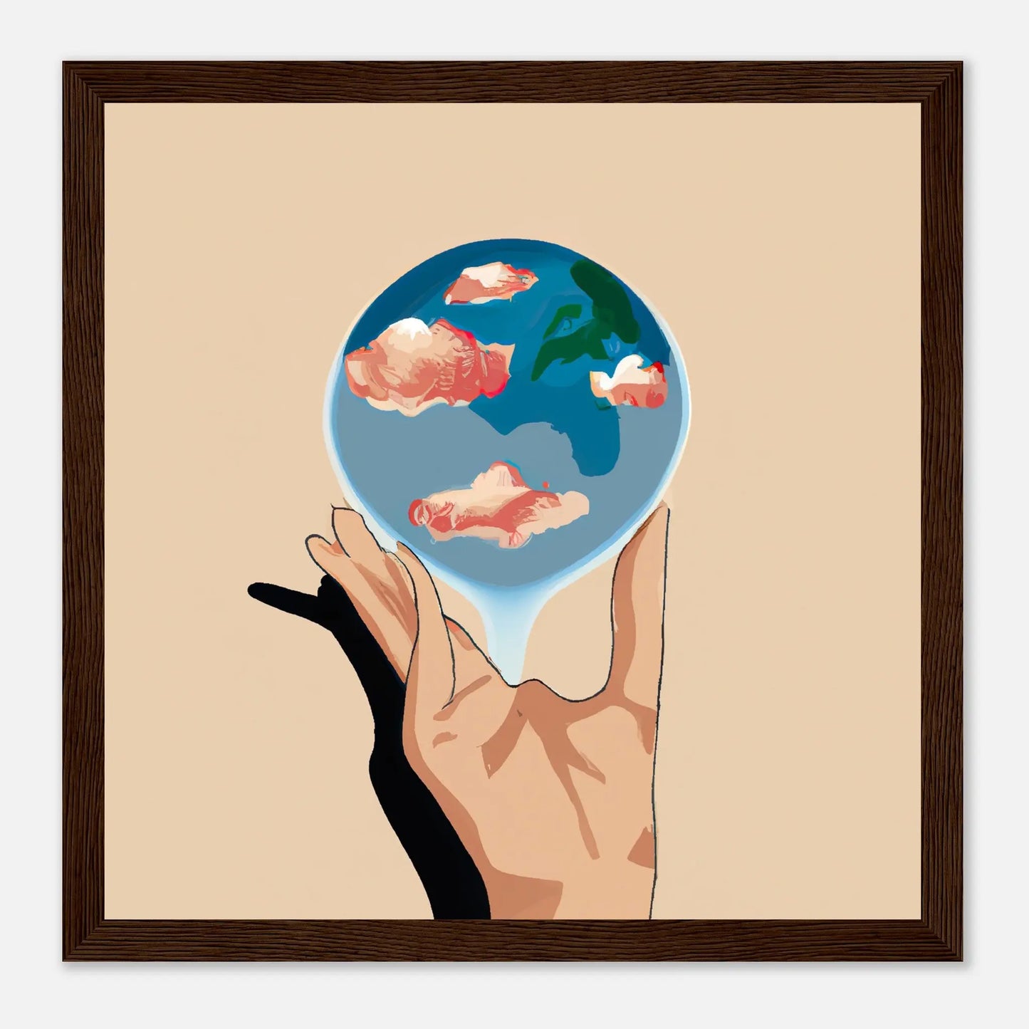 Gerahmtes Premium-Poster - Planet in der Hand - Anime Stil, KI-Kunst, Anime, 30x30-cm-12x12-Dunkles-Holz - RolConArt