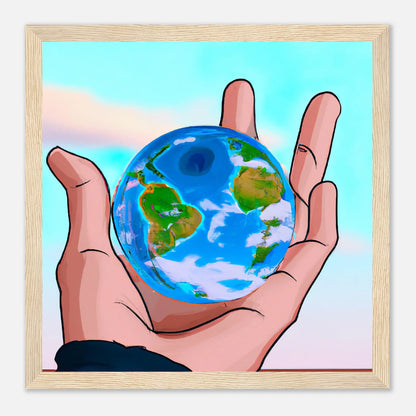 Gerahmtes Premium-Poster - Planet in der Hand - Anime Stil, KI-Kunst, Anime, 30x30-cm-12x12-Holz - RolConArt