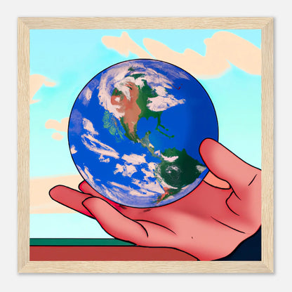 Gerahmtes Premium-Poster - Planet in der Hand - Anime Stil, KI-Kunst, Anime, 30x30-cm-12x12-Holz - RolConArt