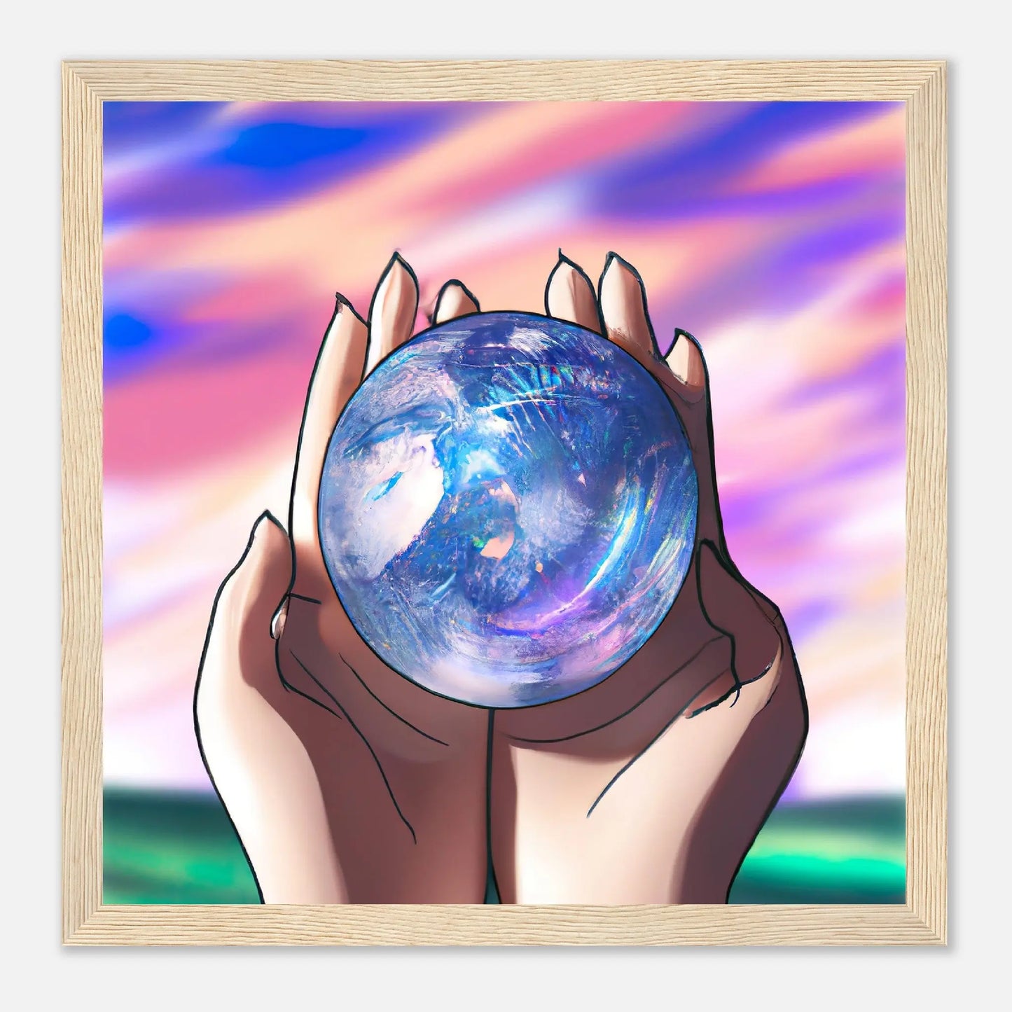 Gerahmtes Premium-Poster - Planet in der Hand - Anime Stil, KI-Kunst, Anime, 30x30-cm-12x12-Holz - RolConArt