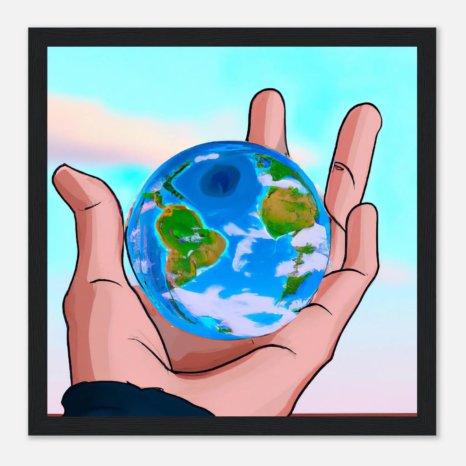 Gerahmtes Premium-Poster - Planet in der Hand - Anime Stil, KI-Kunst, Anime, 30x30-cm-12x12-Schwarz - RolConArt