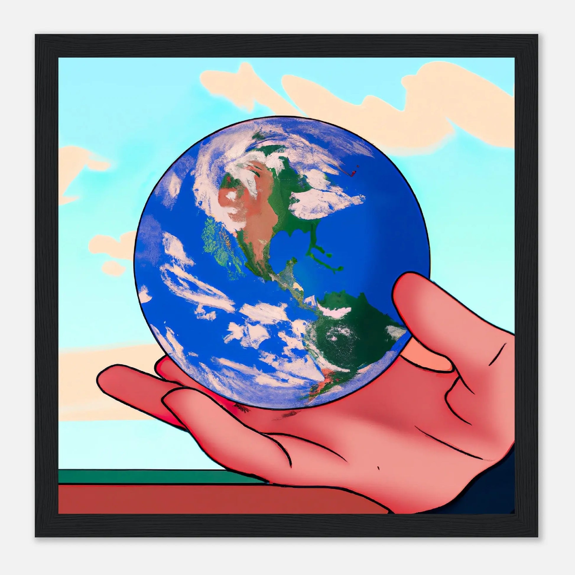 Gerahmtes Premium-Poster - Planet in der Hand - Anime Stil, KI-Kunst, Anime, 30x30-cm-12x12-Schwarz - RolConArt