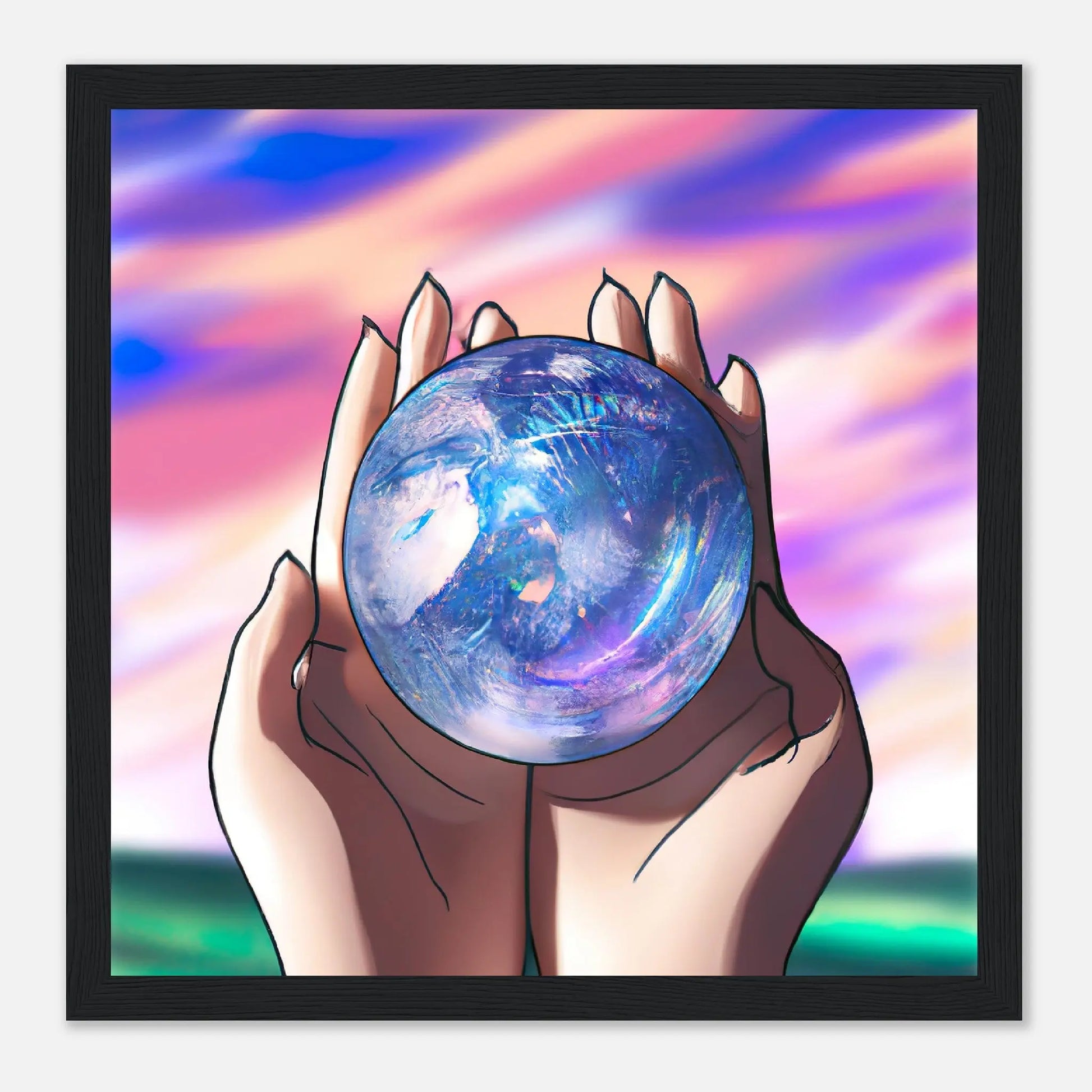 Gerahmtes Premium-Poster - Planet in der Hand - Anime Stil, KI-Kunst, Anime, 30x30-cm-12x12-Schwarz - RolConArt