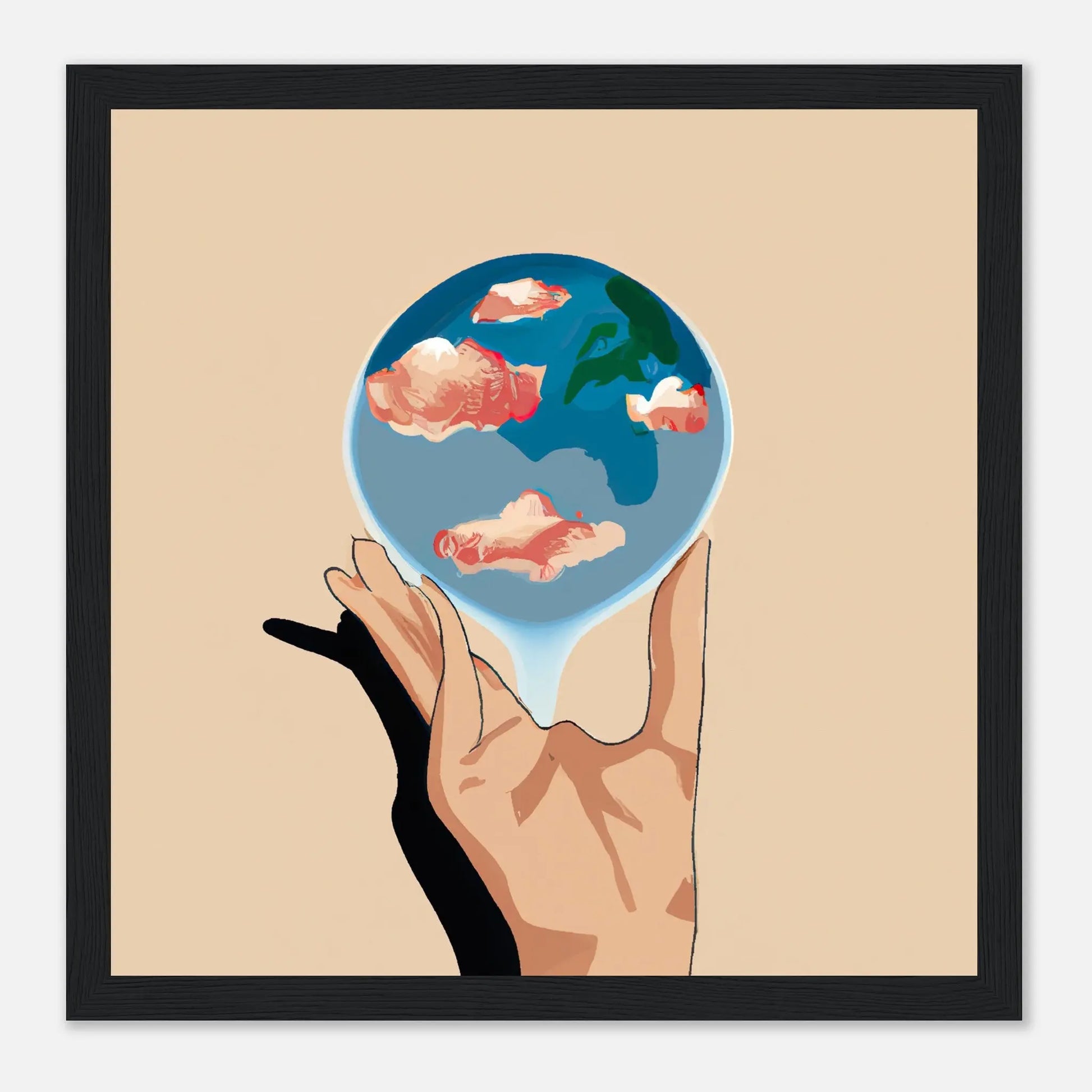 Gerahmtes Premium-Poster - Planet in der Hand - Anime Stil, KI-Kunst, Anime, 30x30-cm-12x12-Schwarz - RolConArt