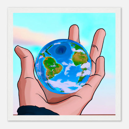 Gerahmtes Premium-Poster - Planet in der Hand - Anime Stil, KI-Kunst, Anime, 30x30-cm-12x12-Weiß - RolConArt