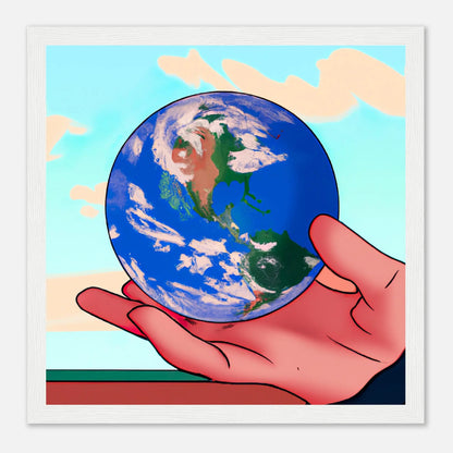 Gerahmtes Premium-Poster - Planet in der Hand - Anime Stil, KI-Kunst, Anime, 30x30-cm-12x12-Weiß - RolConArt