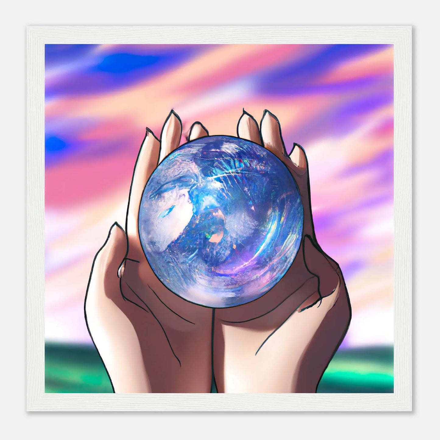 Gerahmtes Premium-Poster - Planet in der Hand - Anime Stil, KI-Kunst, Anime, 30x30-cm-12x12-Weiß - RolConArt