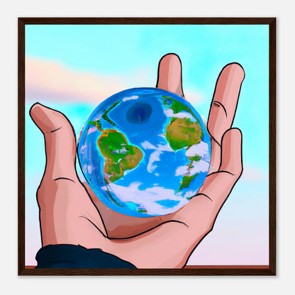 Gerahmtes Premium-Poster - Planet in der Hand - Anime Stil, KI-Kunst, Anime, 50x50-cm-20x20-Dunkles-Holz - RolConArt