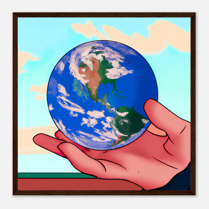 Gerahmtes Premium-Poster - Planet in der Hand - Anime Stil, KI-Kunst, Anime, 50x50-cm-20x20-Dunkles-Holz - RolConArt