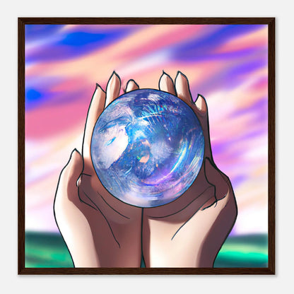 Gerahmtes Premium-Poster - Planet in der Hand - Anime Stil, KI-Kunst, Anime, 50x50-cm-20x20-Dunkles-Holz - RolConArt