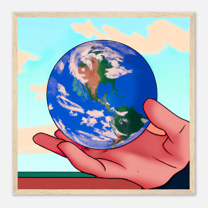 Gerahmtes Premium-Poster - Planet in der Hand - Anime Stil, KI-Kunst, Anime, 50x50-cm-20x20-Holz - RolConArt