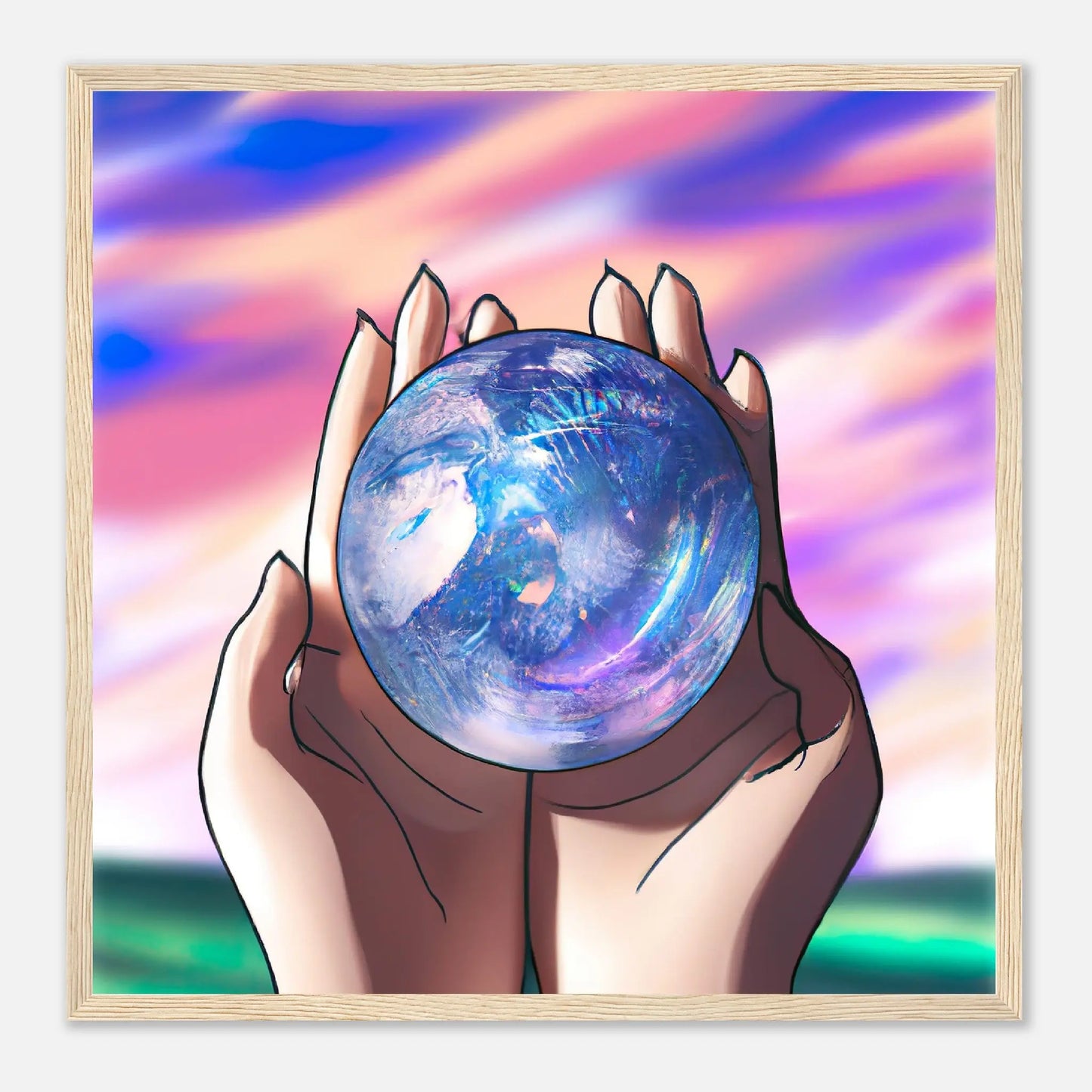 Gerahmtes Premium-Poster - Planet in der Hand - Anime Stil, KI-Kunst, Anime, 50x50-cm-20x20-Holz - RolConArt