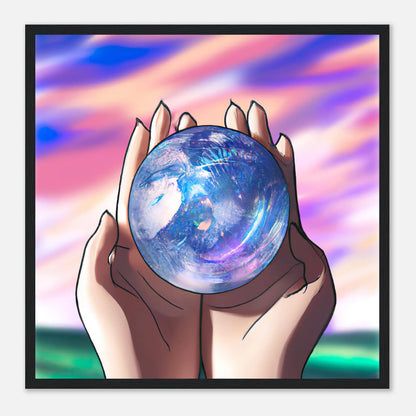 Gerahmtes Premium-Poster - Planet in der Hand - Anime Stil, KI-Kunst, Anime, 50x50-cm-20x20-Schwarz - RolConArt