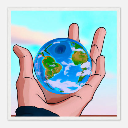 Gerahmtes Premium-Poster - Planet in der Hand - Anime Stil, KI-Kunst, Anime, 50x50-cm-20x20-Weiß - RolConArt