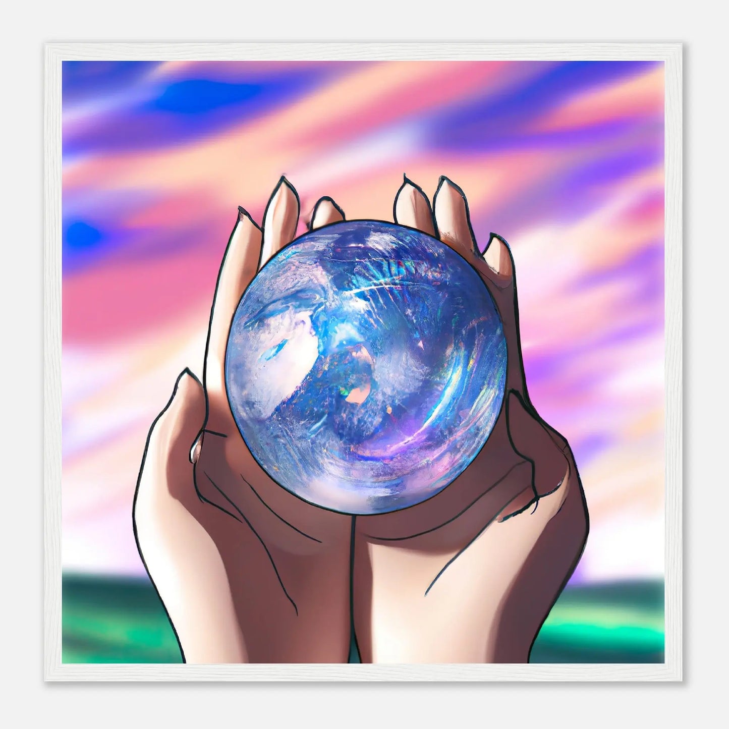 Gerahmtes Premium-Poster - Planet in der Hand - Anime Stil, KI-Kunst, Anime, 50x50-cm-20x20-Weiß - RolConArt