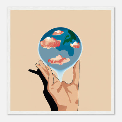 Gerahmtes Premium-Poster - Planet in der Hand - Anime Stil, KI-Kunst, Anime, 50x50-cm-20x20-Weiß - RolConArt