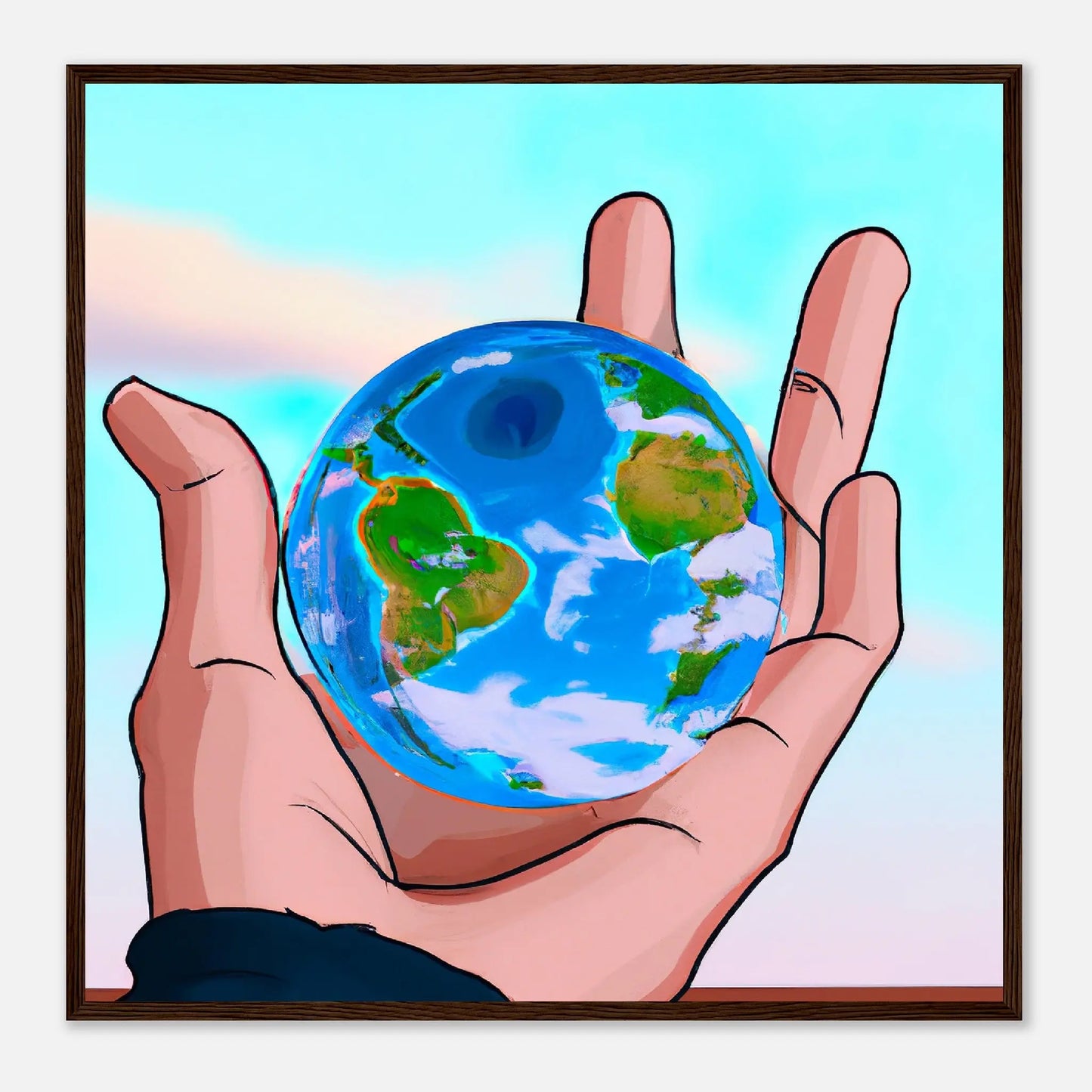 Gerahmtes Premium-Poster - Planet in der Hand - Anime Stil, KI-Kunst, Anime, 70x70-cm-28x28-Dunkles-Holz - RolConArt