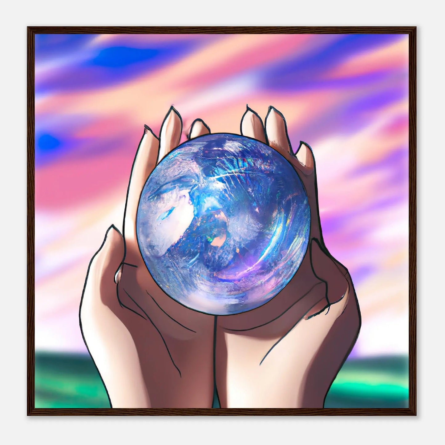 Gerahmtes Premium-Poster - Planet in der Hand - Anime Stil, KI-Kunst, Anime, 70x70-cm-28x28-Dunkles-Holz - RolConArt