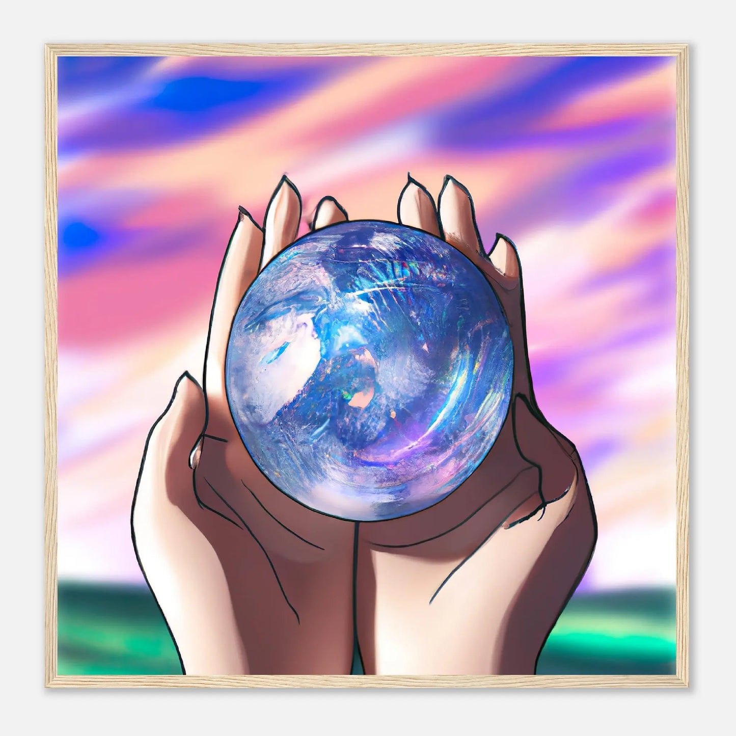 Gerahmtes Premium-Poster - Planet in der Hand - Anime Stil, KI-Kunst, Anime, 70x70-cm-28x28-Holz - RolConArt