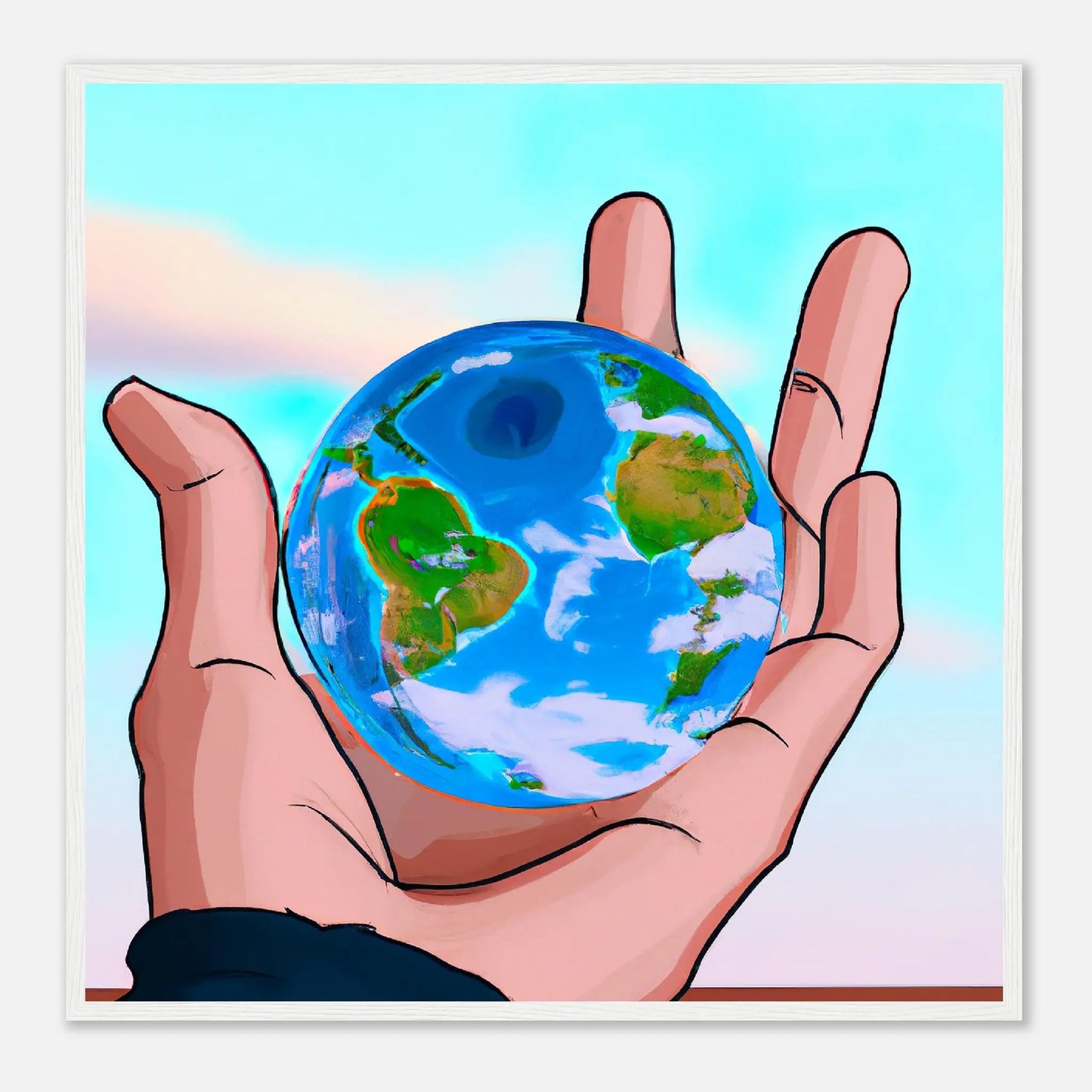 Gerahmtes Premium-Poster - Planet in der Hand - Anime Stil, KI-Kunst, Anime, 70x70-cm-28x28-Weiß - RolConArt