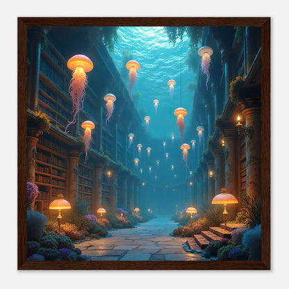 Gerahmtes Premium-Poster - Unterwasserbibliothek - 3D-Stil, KI-Kunst, Unterwasserlandschaften, 30x30-cm-12x12-Dunkler-Holzrahmen - RolConArt